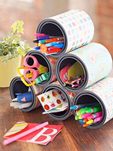 Storage with tin cans for school stuff