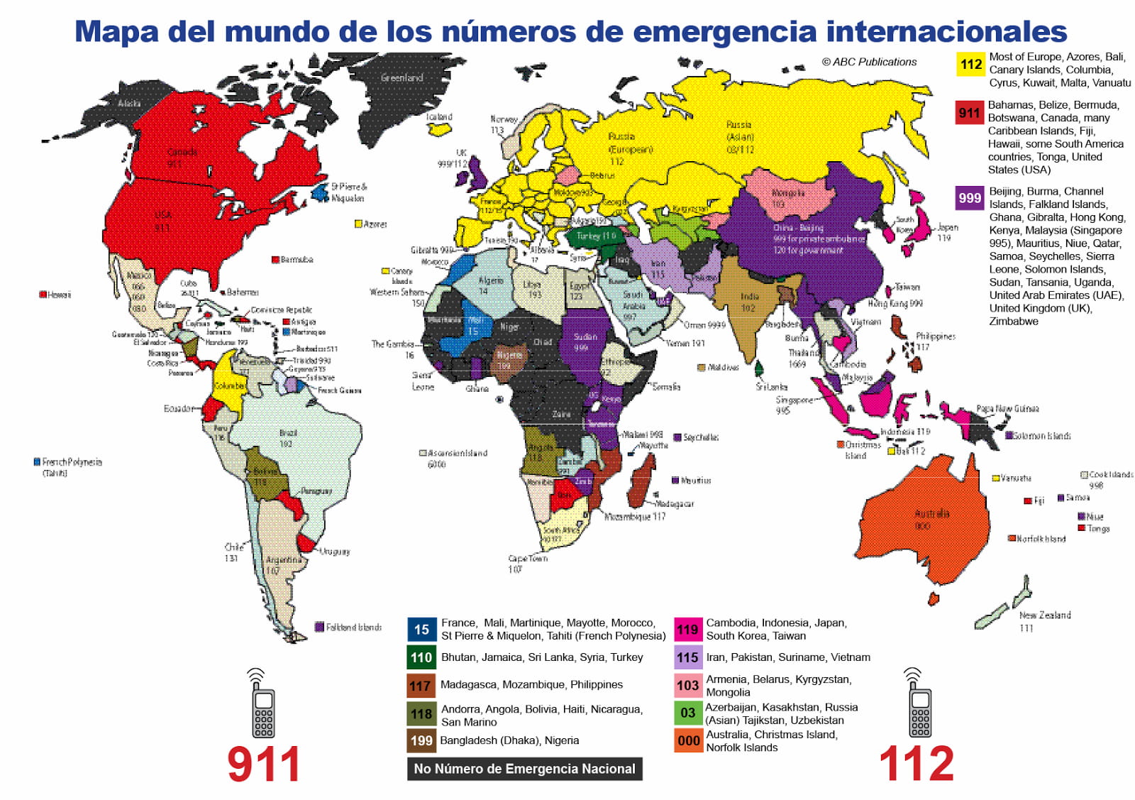Map du monde avec les numéros d'urgence de tous les pays