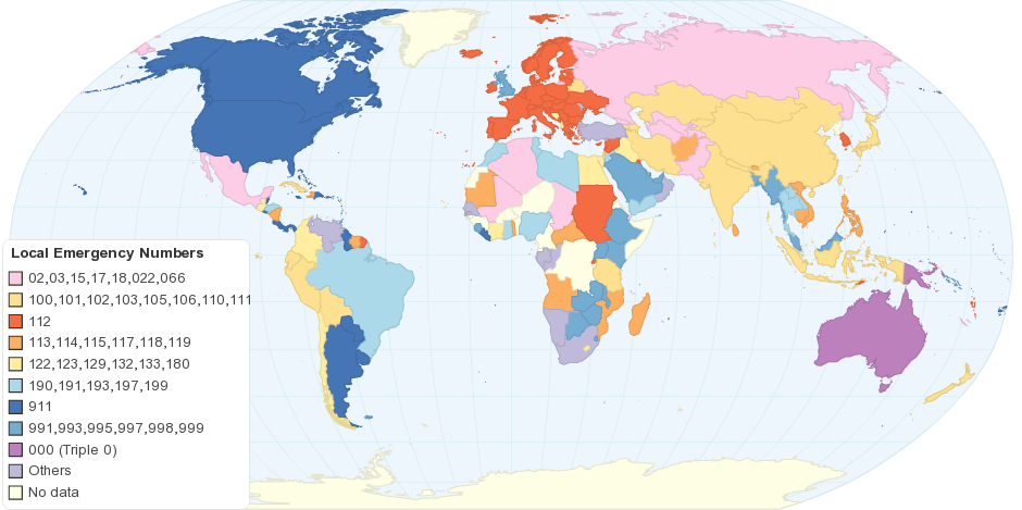 Carte du monde et des numéros d'urgence santé dans le monde